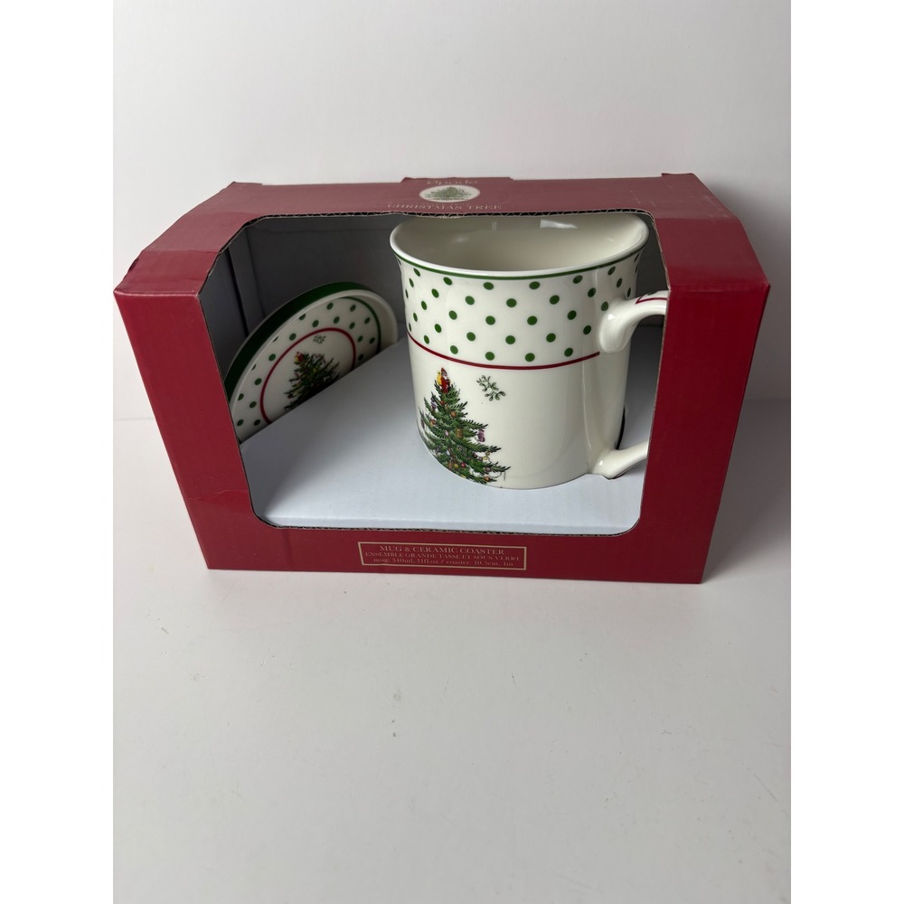 Spode Christmas Tree Polka Dot Mug and Ceramic Coaster Set 11oz New in Boxโ